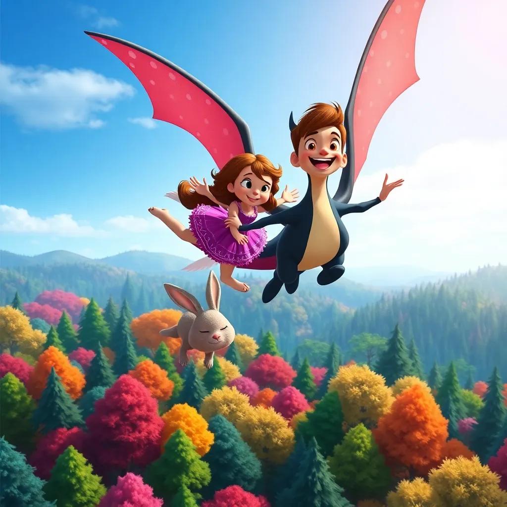 Lúcia and Draco flying high above a colorful forest, helping a sad rabbit find its home, with joy and determination on their faces, bright blue sky, cheerful art, high quality