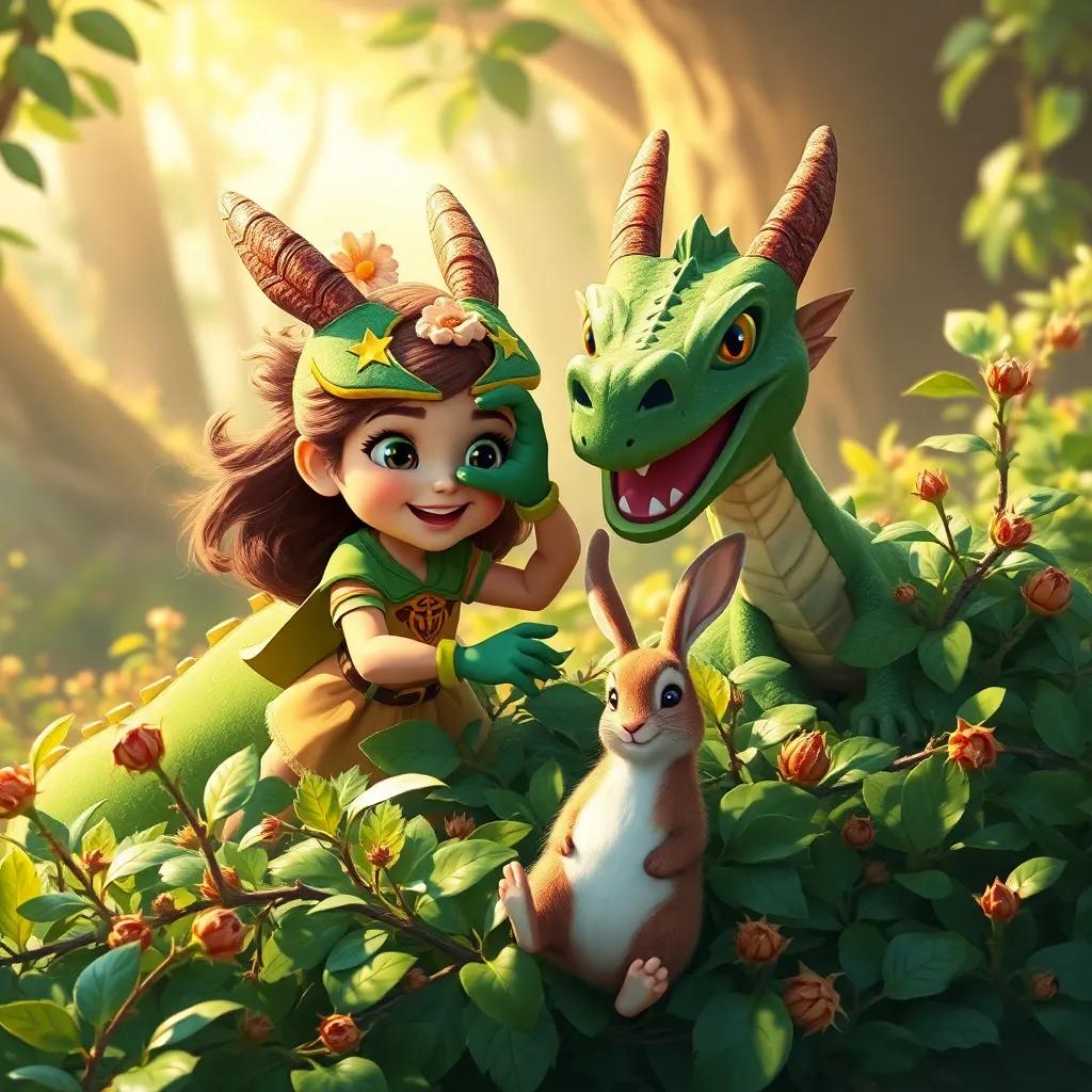 Lúcia, a courageous girl, and Draco, the green dragon, rescuing a rabbit from a thorny bush with teamwork, warm light, joyful atmosphere, detailed illustration