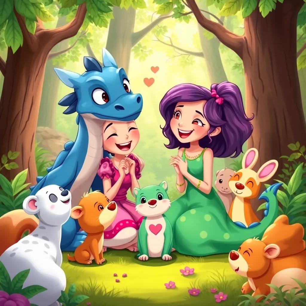 Lúcia and Draco surrounded by animals in the forest, with laughter and happiness, showing their friendship, bright colors, cheerful illustration, warming hearts
