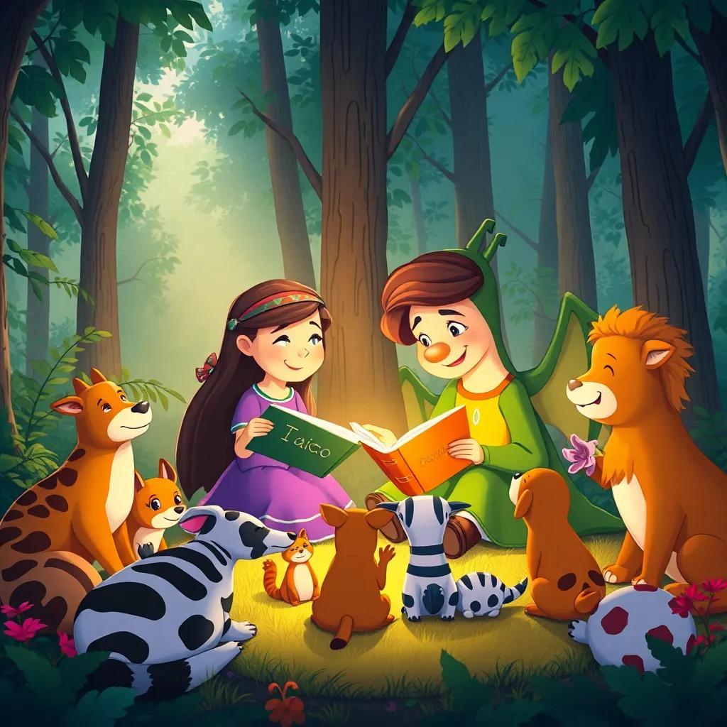 Lúcia and Draco sharing stories with animals gathered around in the forest, filled with laughter and harmony, cozy atmosphere, bright colors, fun illustration, high quality