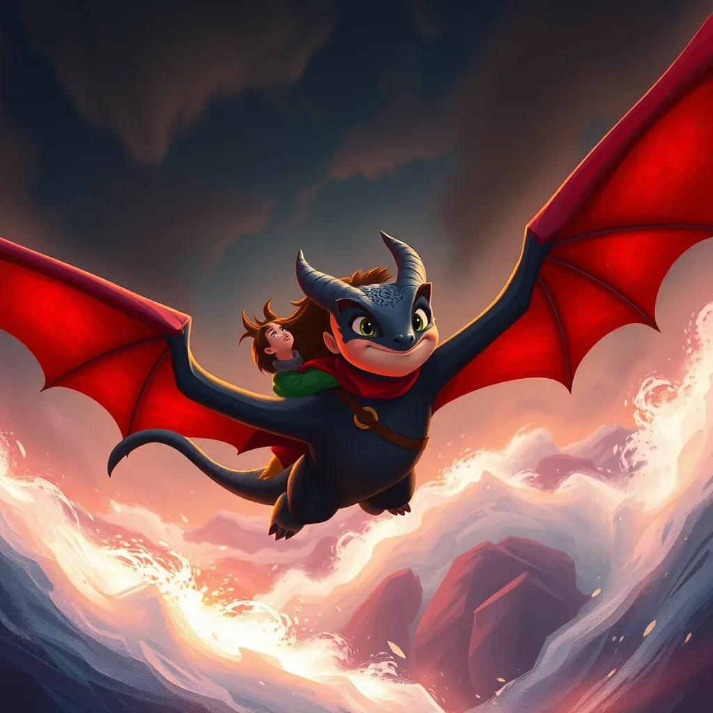 Lúcia and Draco flying above a raging storm, encouraging each other to face it together, with determination in their eyes, dynamic scene, dramatic colors, adventure-themed illustration