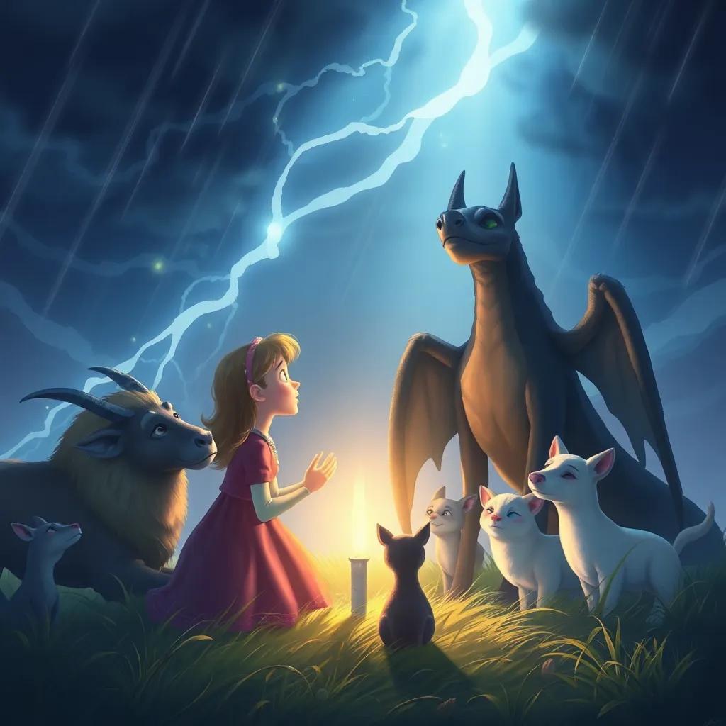 Lúcia singing softly to calm the animals while Draco shields them from the storm, heartwarming moment, gentle light, safe haven, rich colors, inviting art