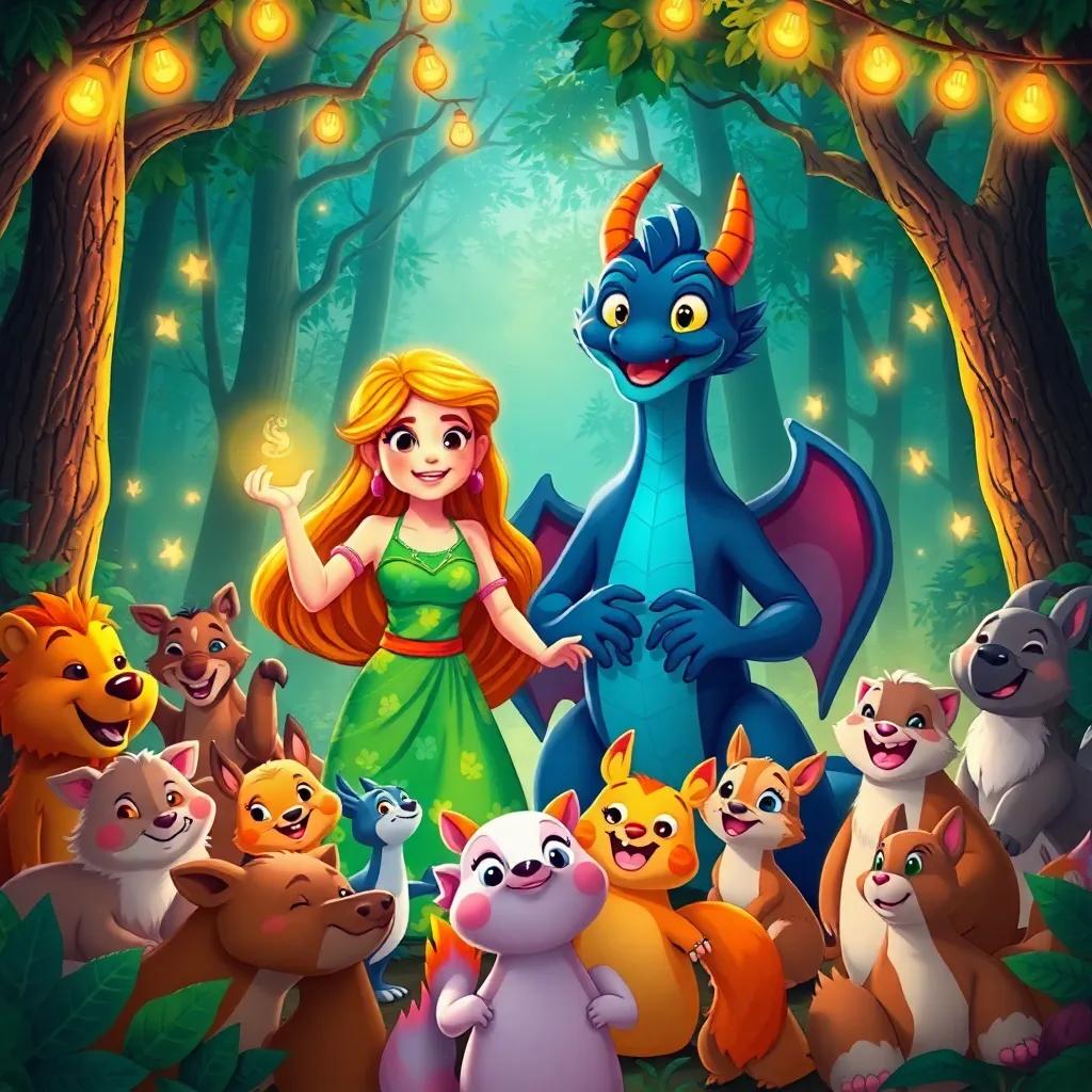 Lúcia and Draco celebrated as heroes in the forest, surrounded by grateful animals, a joyful gathering with smiles, vibrant colors, enchanting atmosphere, fantasy illustration