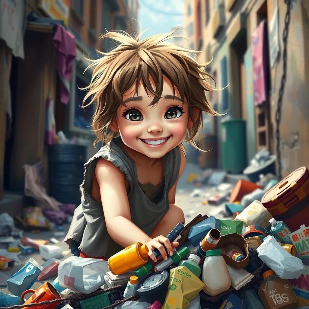 A young girl, Sofia, with messy hair and tattered clothes, smiling brightly while searching through a pile of trash on a dirty street, colorful and vibrant atmosphere, child-friendly, digital art, high quality