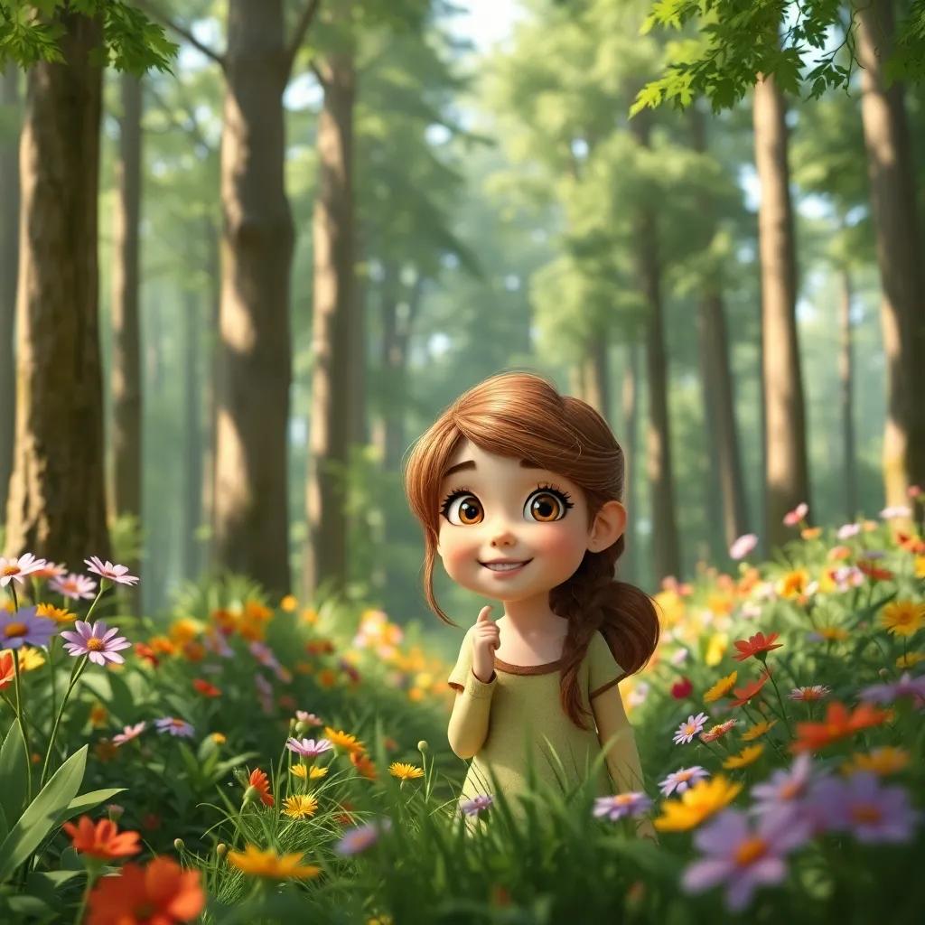 A young girl, Lara, with brown hair and bright eyes, exploring a vibrant green forest filled with tall trees and colorful flowers, sunny day, playful atmosphere, digital art, highly detailed, cheerful