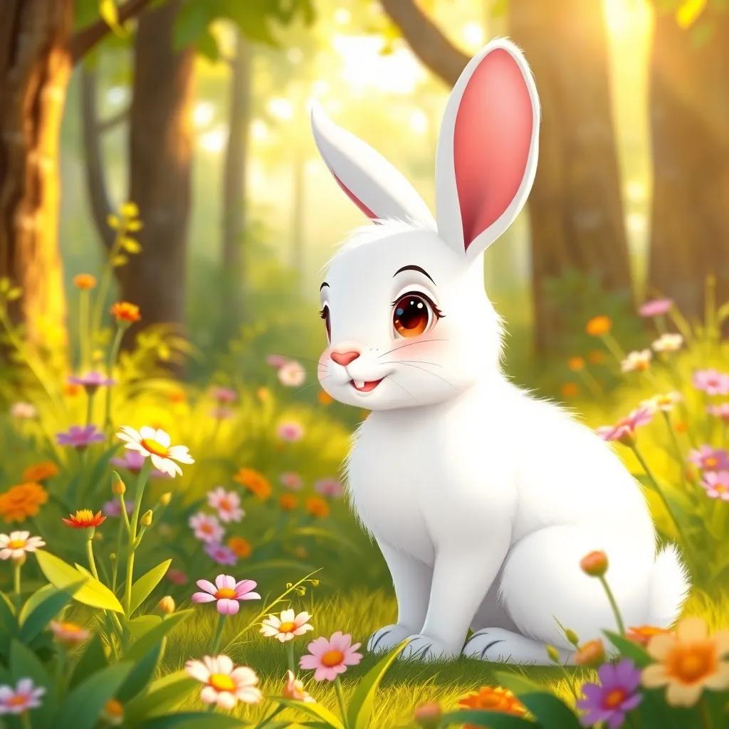 A cute rabbit, Tobias, with soft white fur, speaking to Lara in the forest, surrounded by flowers and plants, sunny background, illustration, friendly, warm