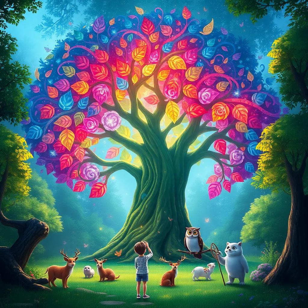A majestic magical tree, with colorful leaves, glowing slightly, in a lush forest, animals gathered around it including a wise owl, digital painting, bright colors, enchanting atmosphere