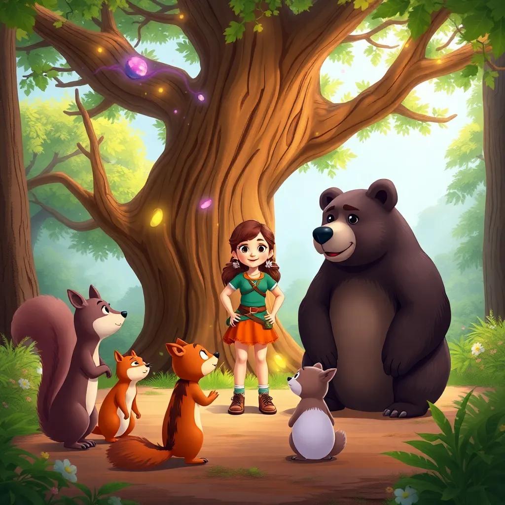 Lara, standing bravely by the magical tree, speaking to a group of animals including a fast squirrel and a big bear, supportive environment, friendly expressions, storytelling scene, colorful illustration