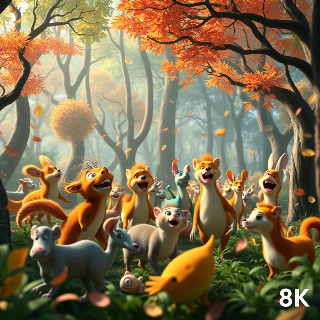 Animals in the forest making a big commotion, with sounds visible in the air, trees shaking, colorful leaves swirling around, energetic atmosphere, lively digital art, dynamic