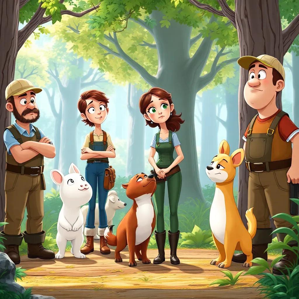 Timid woodworkers stepping back, confused expressions on their faces, looking at Lara and the animals, a bright forest background, friendly environment, detailed illustration