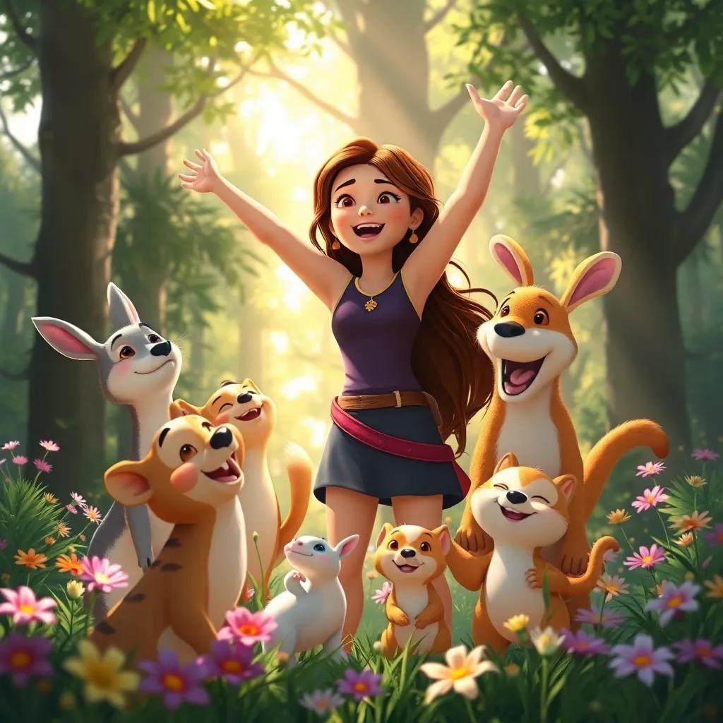 Lara and the animals joyfully celebrating their victory, surrounded by nature, sunlight shining through the trees, colorful flowers blooming, joyful atmosphere, digital painting