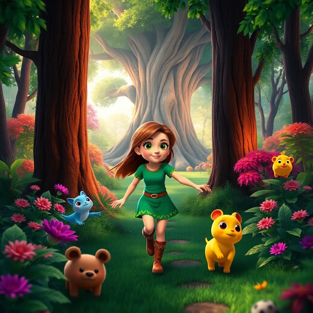 Lara walking through the vibrant forest, discovering new friends, with the magical tree still standing tall in the background, joyful and adventurous, bright colors, detailed scene