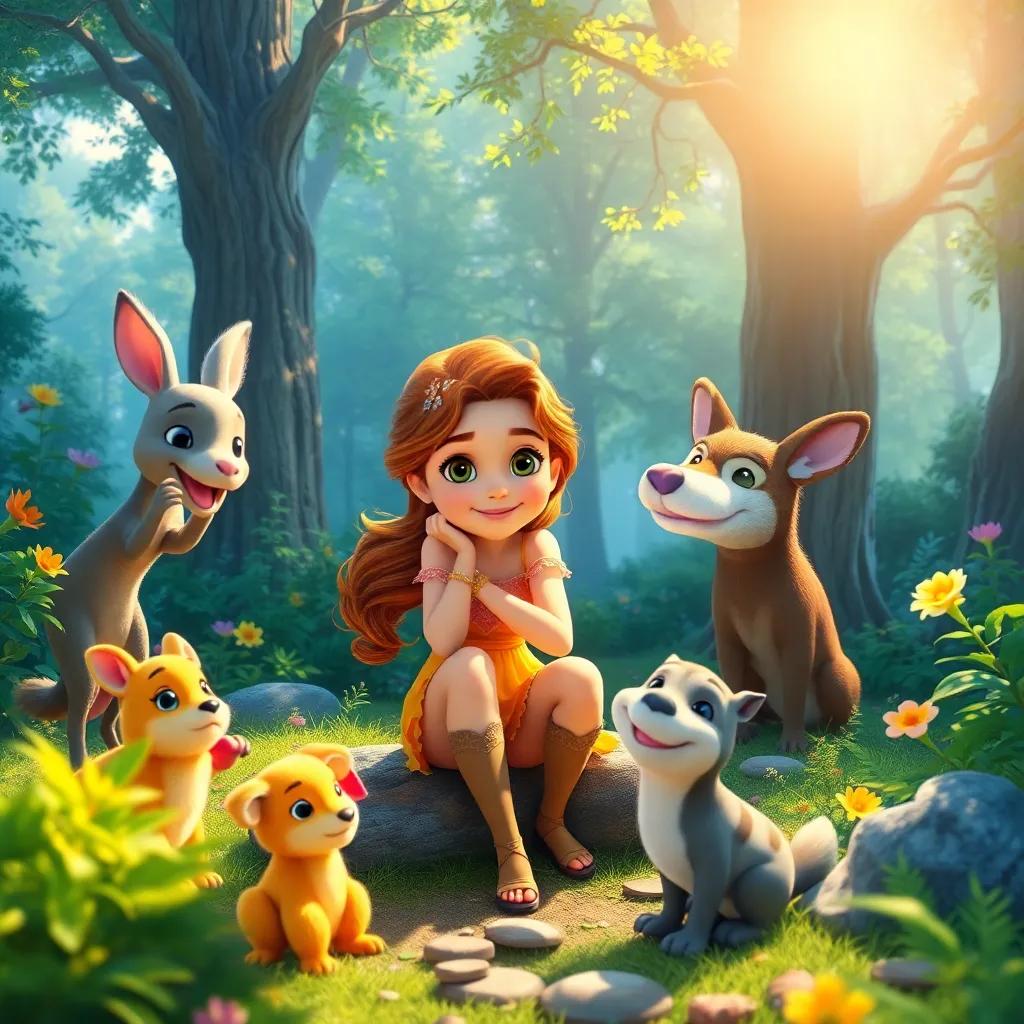 Lara playing with her animal friends in the forest, beautiful nature around them, colorful and lively, sun shining brightly, magical atmosphere, cheerful, digital art