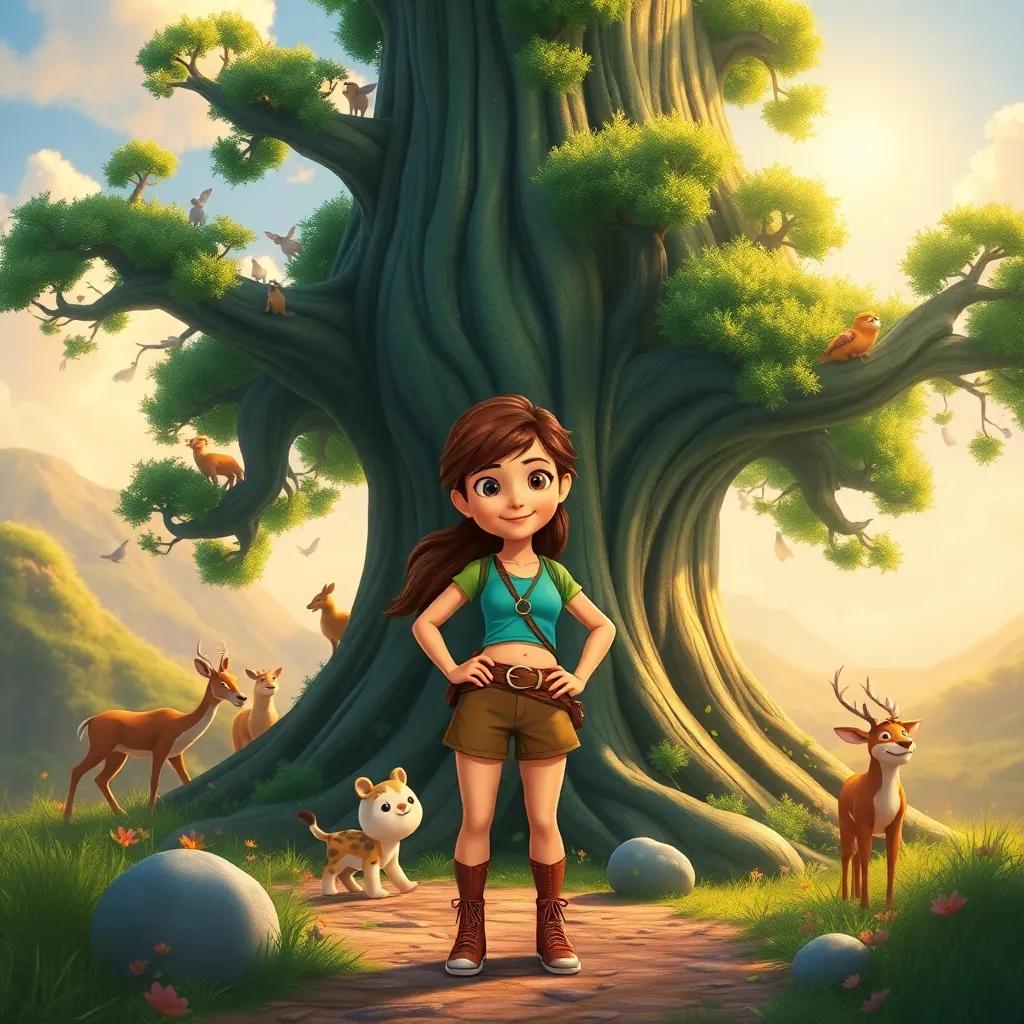 Lara standing proudly next to the magical tree, wildlife thriving around her, vibrant landscape and sunny sky, confident and happy expression, storytelling moment, high quality illustration