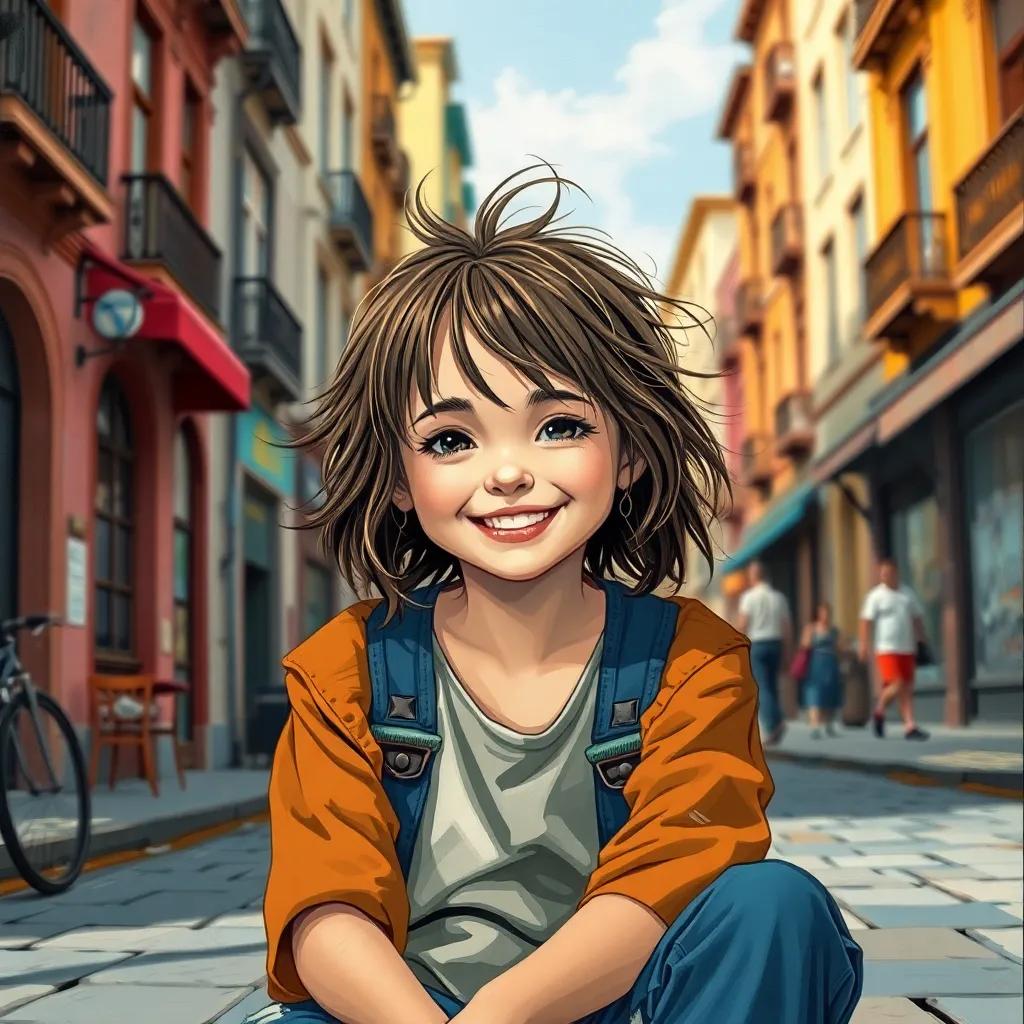 A young girl, Mia, with messy hair and worn clothes, sitting on the street with a big smile, surrounded by the city buildings, cheerful atmosphere, colorful, inviting