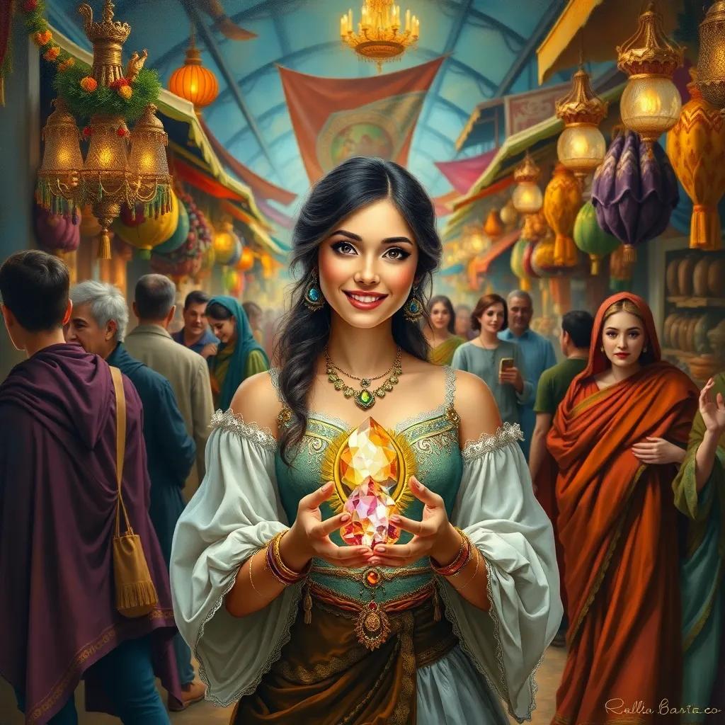 Mia, holding a shining jewel in her hands, standing in a busy market, with amazed people around her, vibrant colors, joyful expressions, lively scene