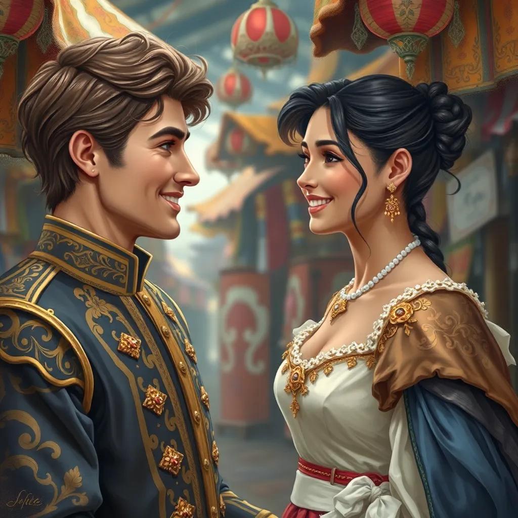 A handsome prince noticing Mia in the market, with a warm smile, dressed in elegant royal clothes, colorful market stalls in the background, friendly vibe, detailed