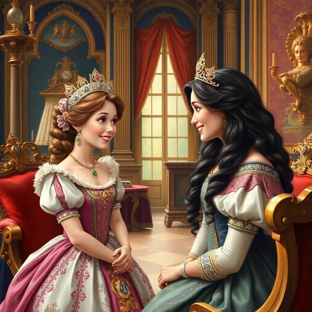 Mia, now a princess, smiling as she talks to the queen, in a grand royal room, rich colors and detailed furnishings, joyful expressions, heartwarming scene