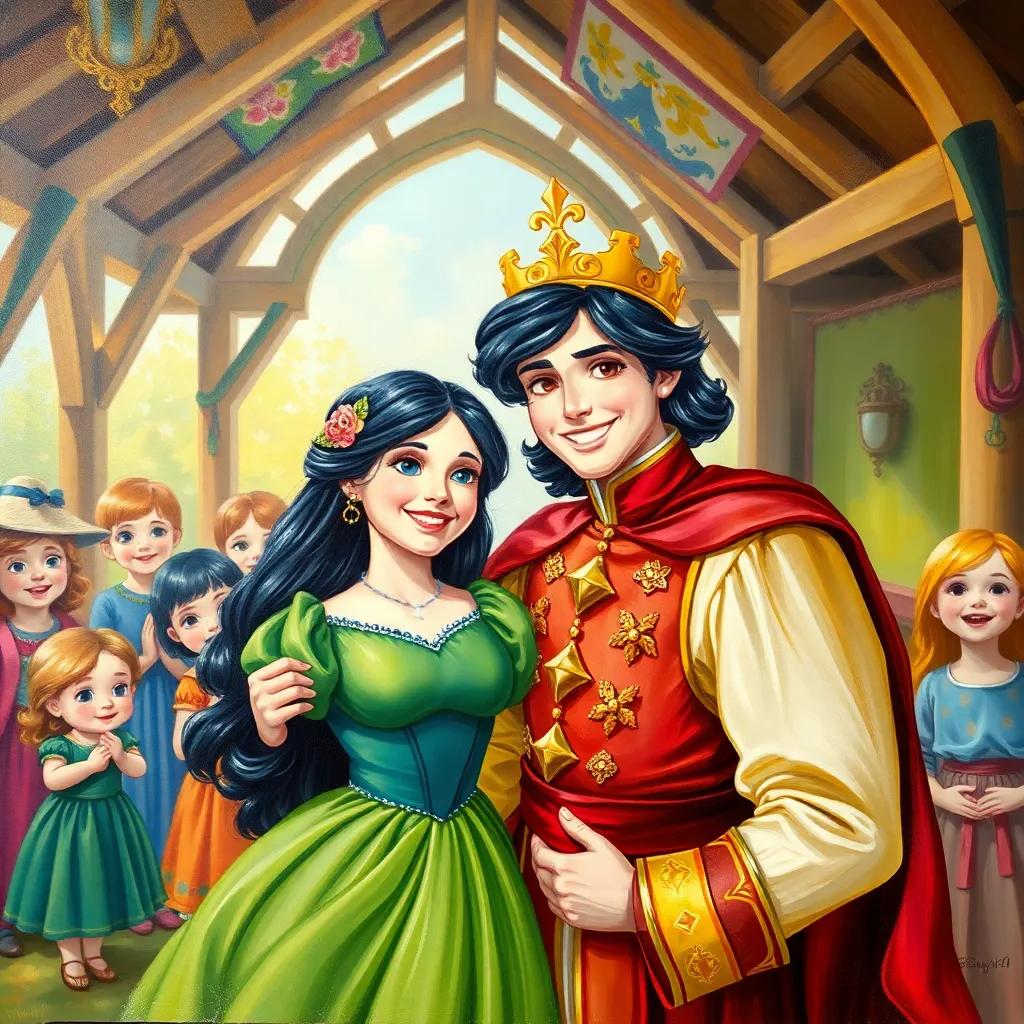 Mia and the prince together, with happy children in the background, in a bright and cheerful shelter, filled with laughter and joy, colorful, uplifting