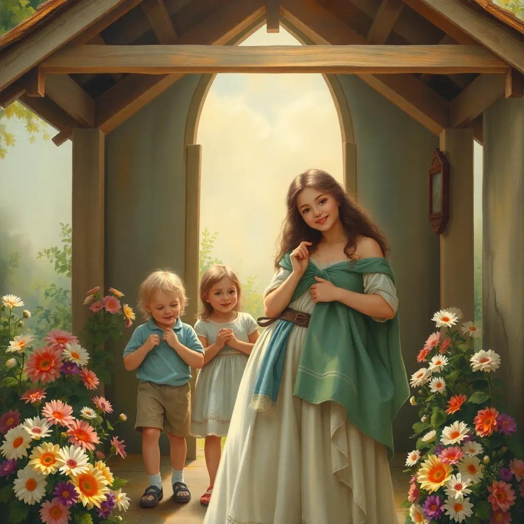 Mia, standing in front of the shelter with children, smiling brightly, surrounded by flowers and love, sunny day, warm and inviting atmosphere, high quality