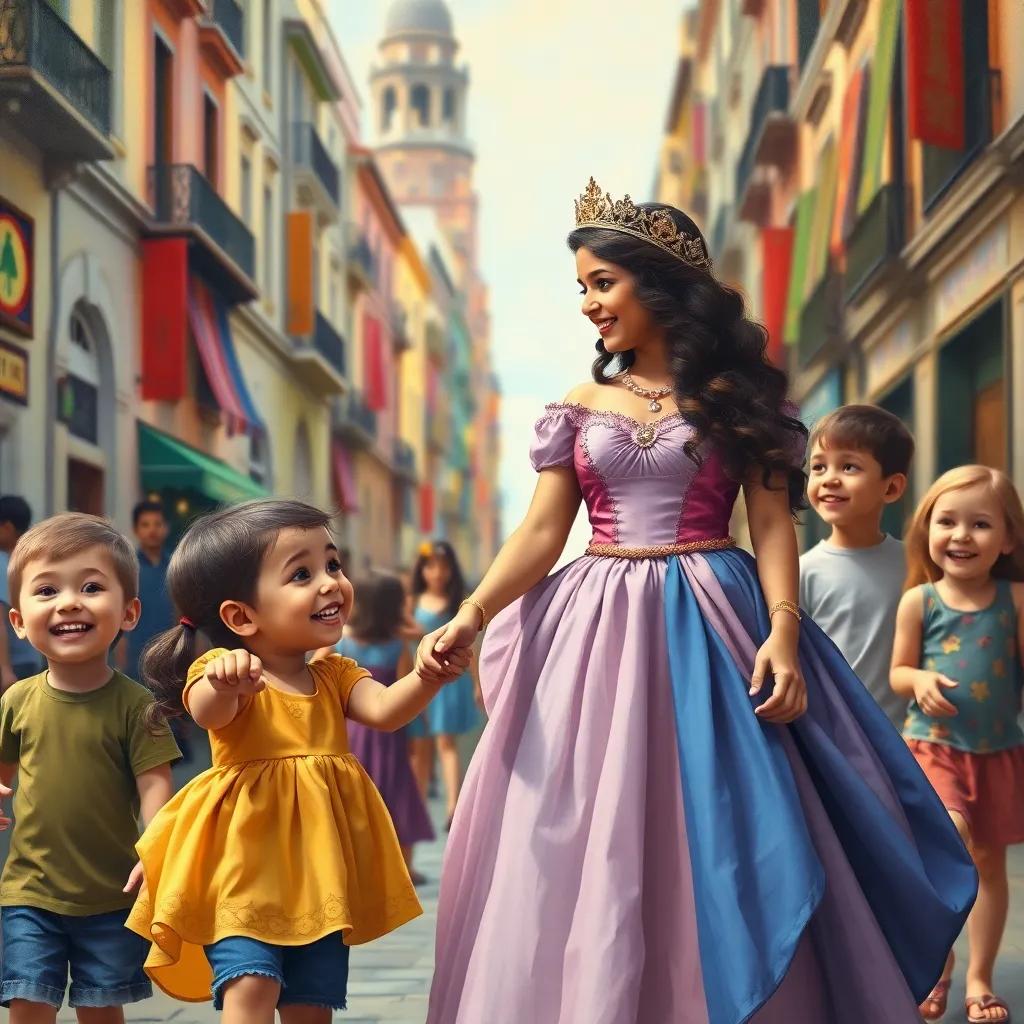Mia, in her royal dress, holding hands with children on the street, sharing smiles and joy, colorful city background, heartwarming, uplifting imagery
