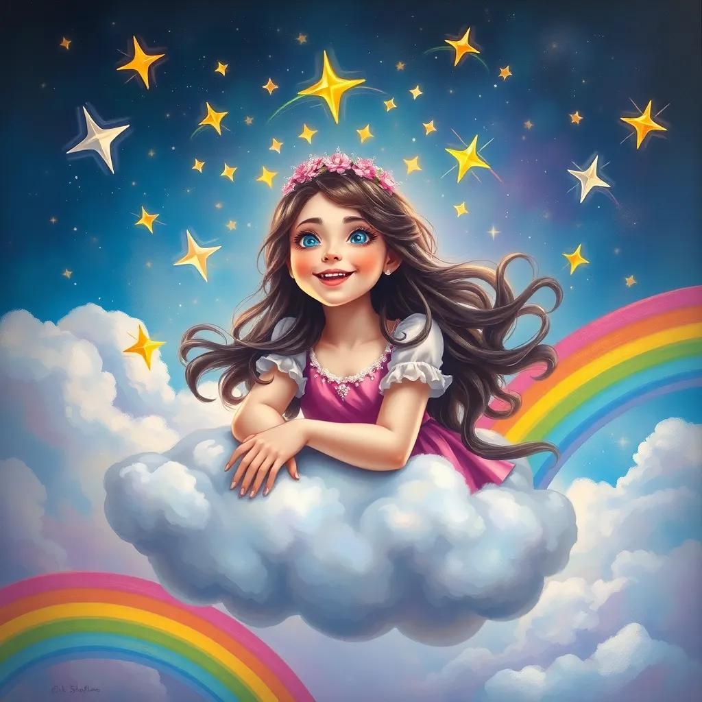 Mia smiling and floating on a cloud, surrounded by sparkling stars and colorful rainbows, symbolizing her dreams, magical atmosphere, playful, dreamlike vibe