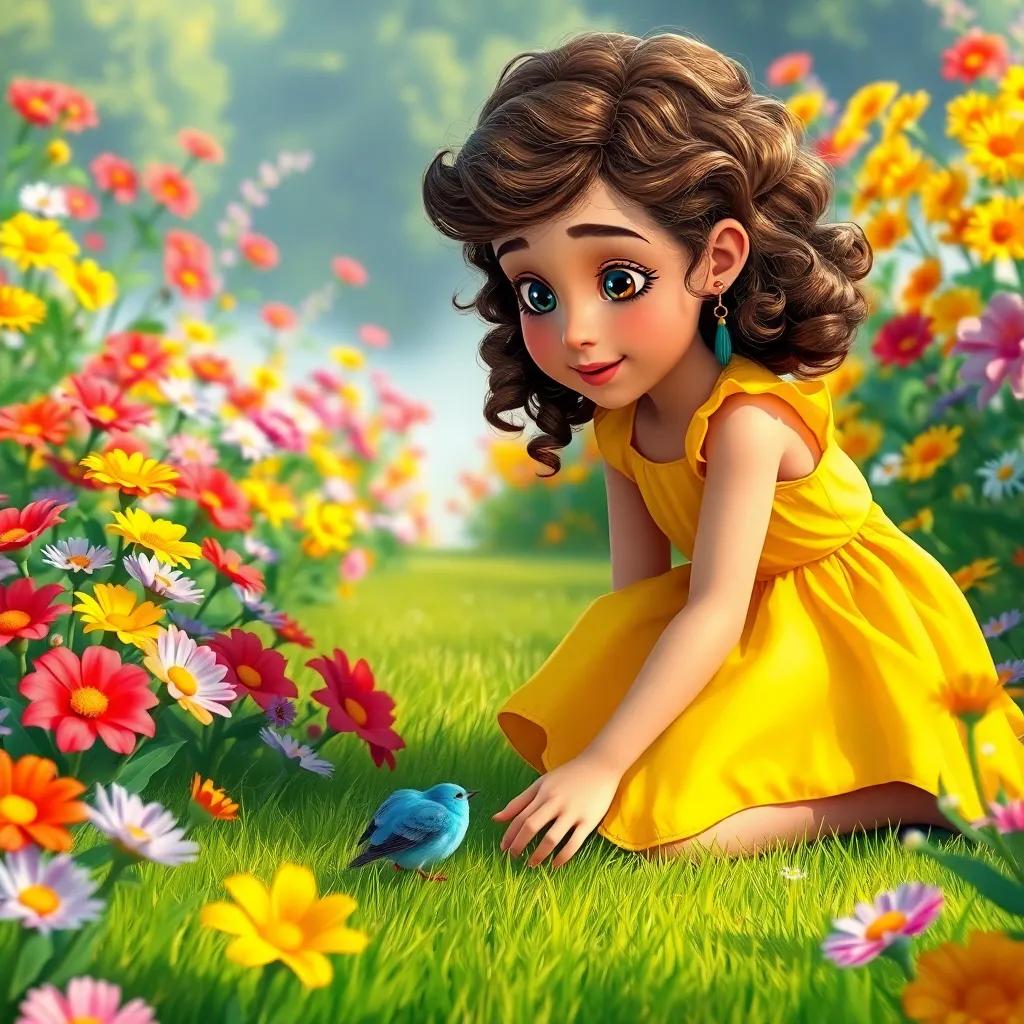 A young girl, Laura, with curly brown hair, wearing a bright yellow dress, kneeling in a colorful garden full of flowers, discovering a little injured blue bird on the grass, digital art, vibrant colors, cheerful atmosphere, detailed and inviting view, storytelling art