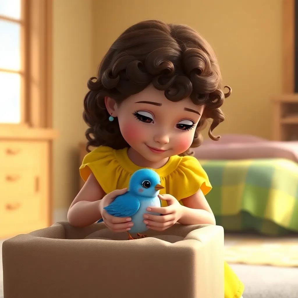 Laura, a young girl with curly brown hair in a bright yellow dress, gently placing the little blue bird into a soft, cozy box lined with fabric, indoor scene with warm light, digital painting, caring and nurturing vibe, child-friendly
