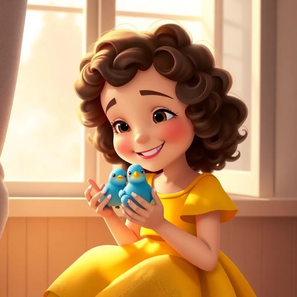 A happy scene of Laura, a young girl with curly brown hair in a bright yellow dress, spending time with the little blue bird, sunlight streaming through the window, soft and warm atmosphere, digital art, nurturing and affectionate