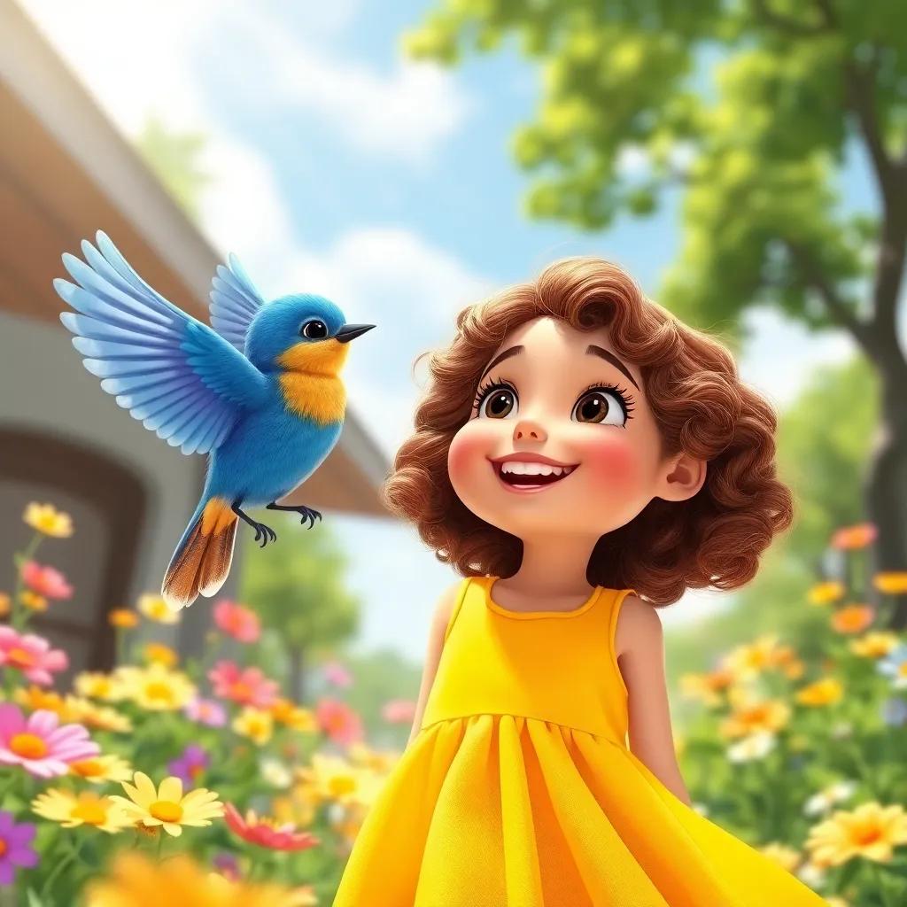 A bright sunny day with Laura, a young girl with curly brown hair in a bright yellow dress, joyfully watching the little blue bird flapping its wings, ready to fly, surrounded by flowers, outdoor scene, vibrant and uplifting