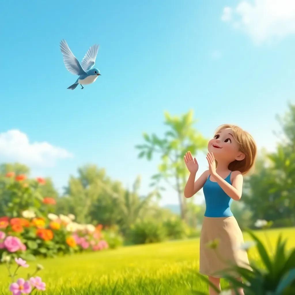 A joyful moment captured as the little blue bird takes off into the blue sky, Laura cheering and clapping her hands, a beautiful garden in the background, digital illustration, uplifting and heartwarming atmosphere