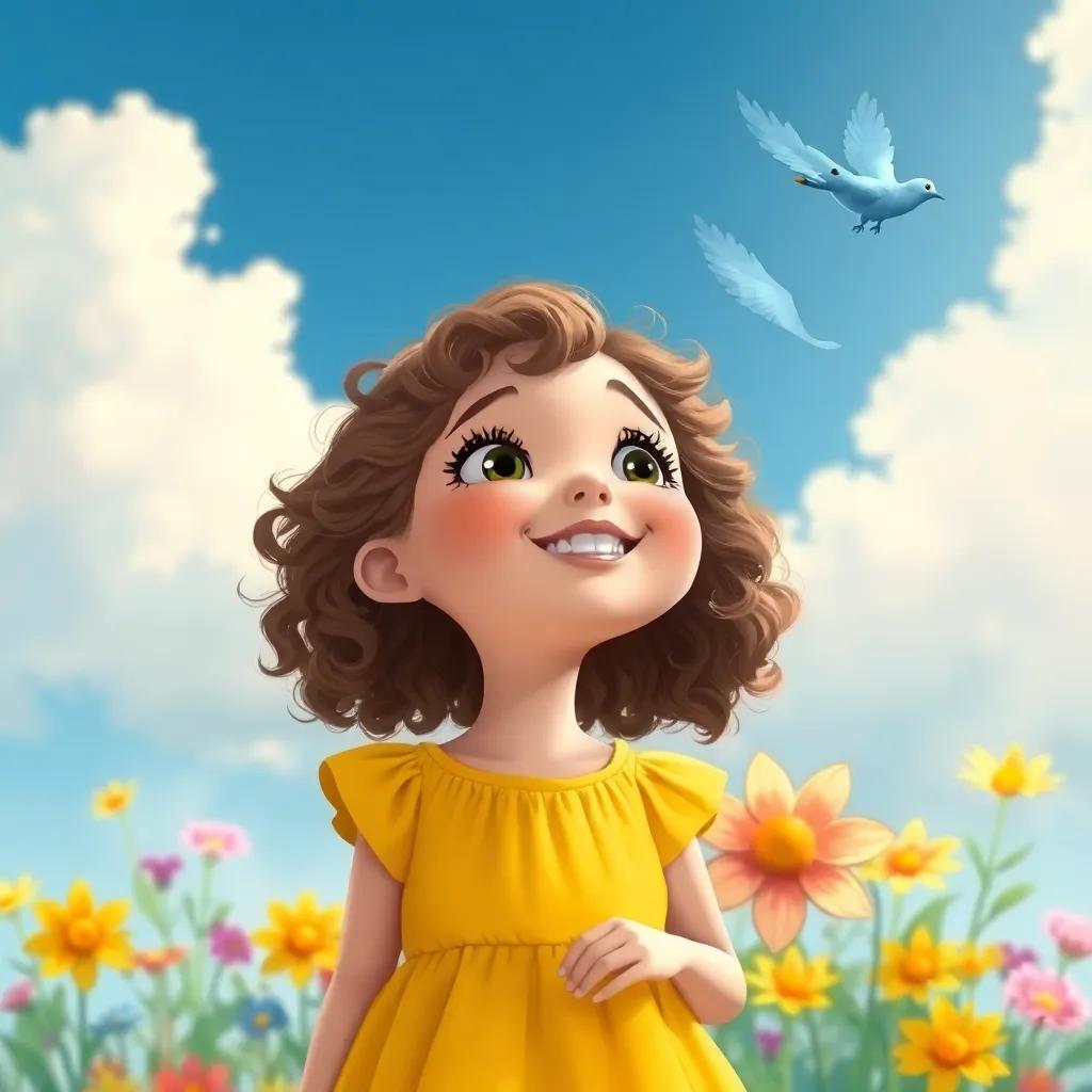 Laura, a young girl with curly brown hair in a bright yellow dress, watching the blue bird soar into the sky, her face filled with joy and love, colorful flowers surrounding her, illustration, magical and serene feeling