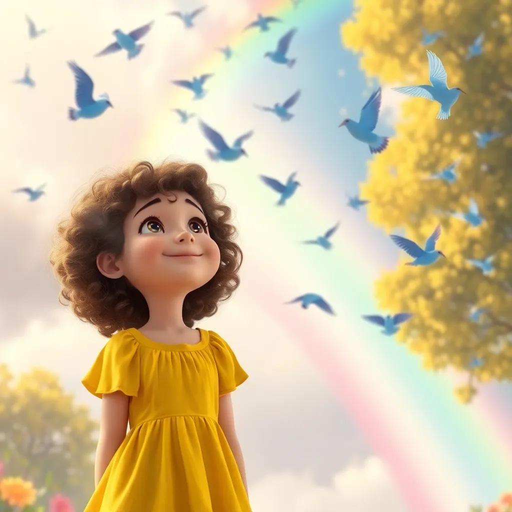 A beautiful scene of Laura, a young girl with curly brown hair in a bright yellow dress, looking up at the sky filled with blue birds flying, a rainbow appears in the background, joyful and colorful, digital art, inspirational and lively