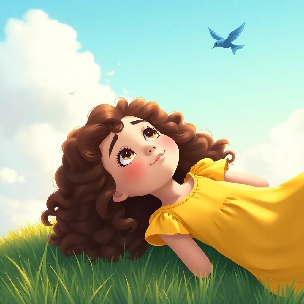 A serene image of Laura, a young girl with curly brown hair in a bright yellow dress, lying on the grass and looking up at the clouds, a small blue bird flying high above her, peaceful and dreamy, pastel colors, illustration