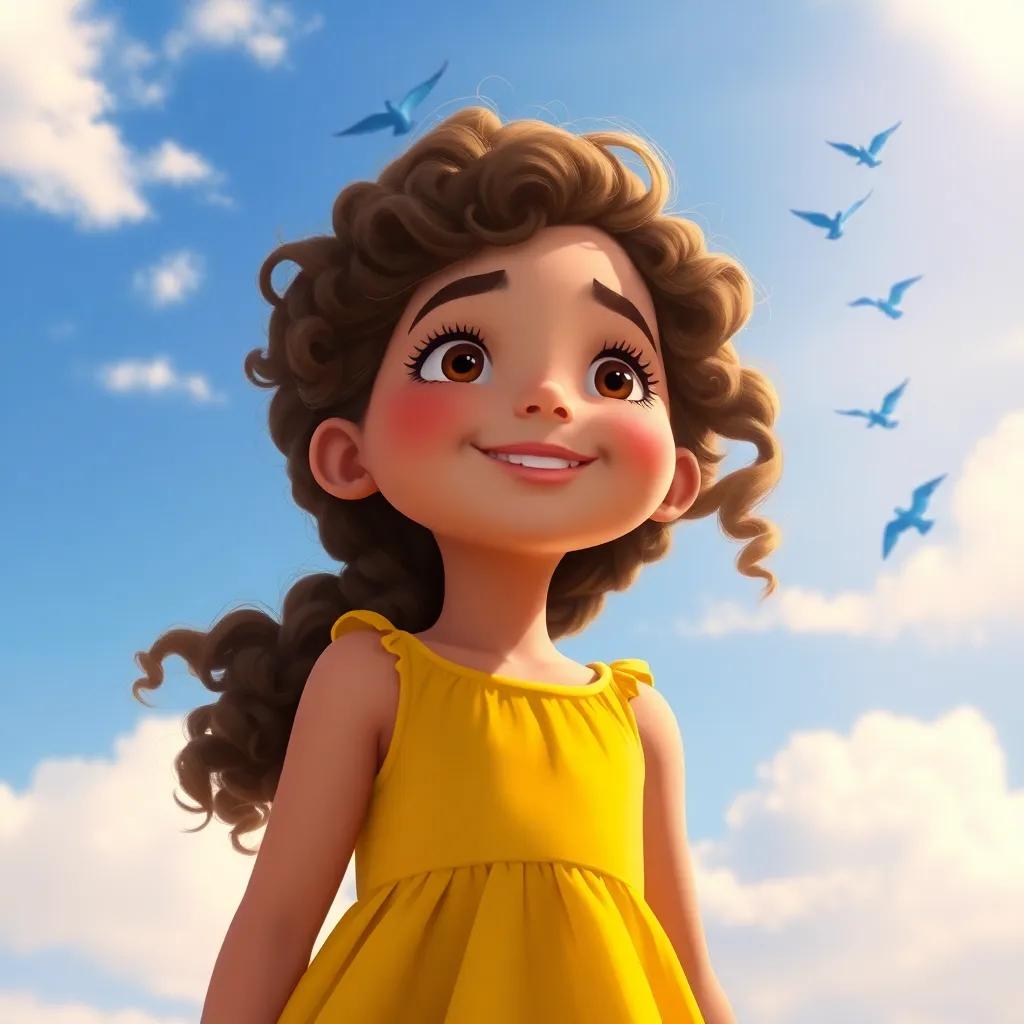 Laura, a young girl with curly brown hair in a bright yellow dress, smiling at the blue sky, with a few blue birds flying in the distance, her heart filled with happiness, magical atmosphere, digital painting, warm and inviting