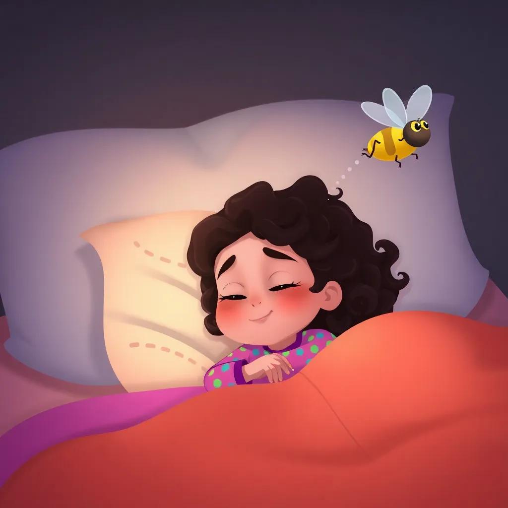 Fernanda, a young girl with curly brown hair wearing colorful pajamas, lying in bed with a sleepy expression, a buzzing fly hovering around her face, cozy bedroom with soft lighting, playful and whimsical feel, children's illustration, high quality