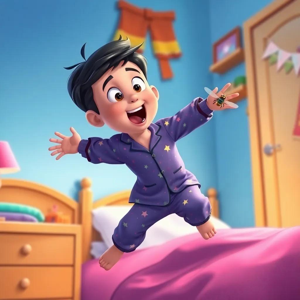 Joaquim, a young boy with short black hair wearing star-patterned pajamas, jumping out of bed with a determined look, chasing a buzzing fly around the room, playful atmosphere, bright colors, energetic action scene, detailed drawing, vibrant
