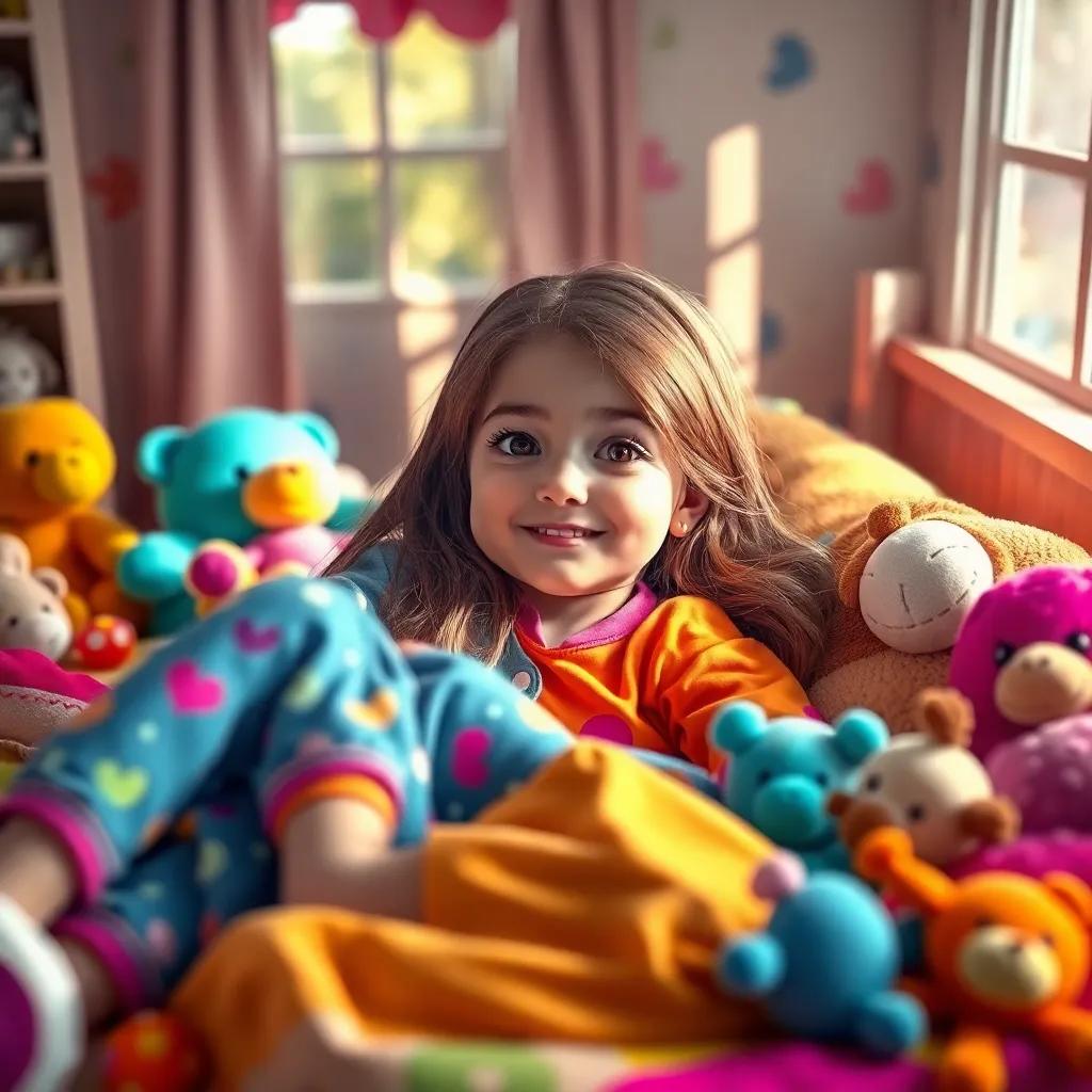 A beautiful girl, Clara, with long brown hair wearing bright pajamas, lying in a colorful bed filled with stuffed animals, light streaming through a window, cheerful atmosphere, inviting, digital art, vibrant colors