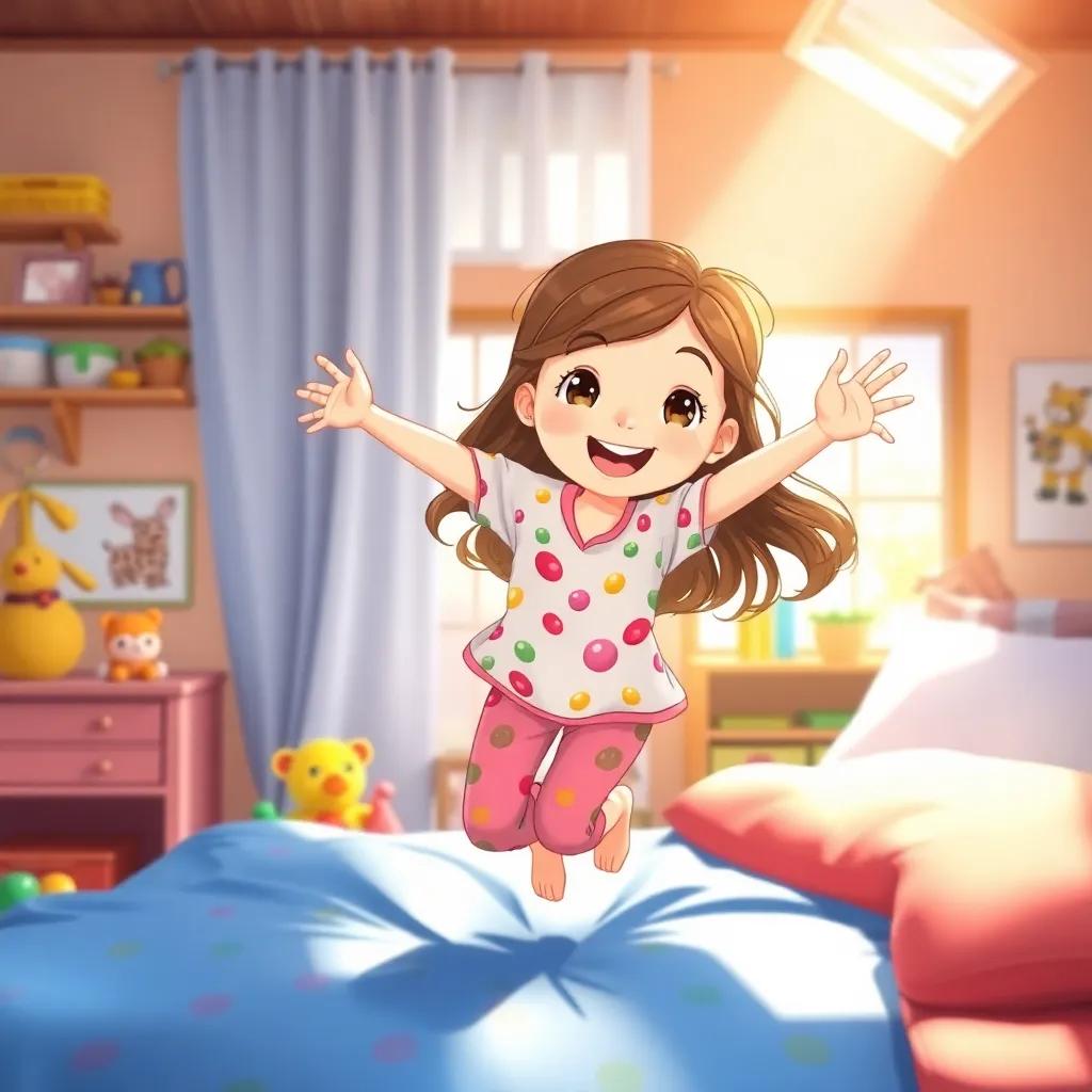 Clara, a lovely girl with long brown hair, in bright pajamas, jumping out of bed with a big smile, sunlight pouring in, colorful room filled with toys, energetic vibe, illustration, child-friendly, high quality