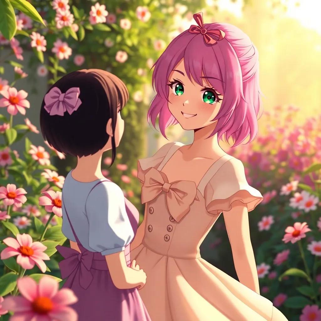 Sakura Haruno, a 19-year-old with pink hair and bright green eyes, wearing a beautiful dress, smiling at her friend Ino in a flower-filled garden, cheerful, warm light, captivating setting, high quality