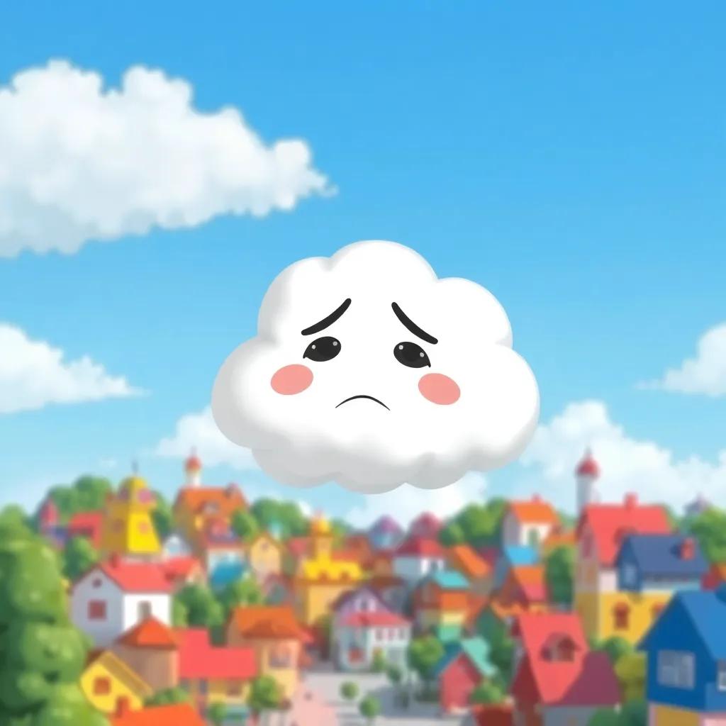 A sad cloud named Fluffy, floating in the sky, looking down at a colorful village, with a blue sky background, illustration, cheerful, vibrant colors, inviting atmosphere, high quality