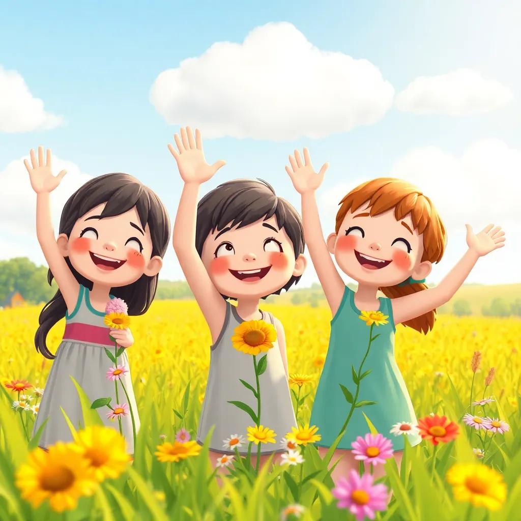 Children from the village, smiling and waving at the cloud, with flowers in their hands, gathered in a sunny field, illustration, bright and happy, outdoor light, high quality