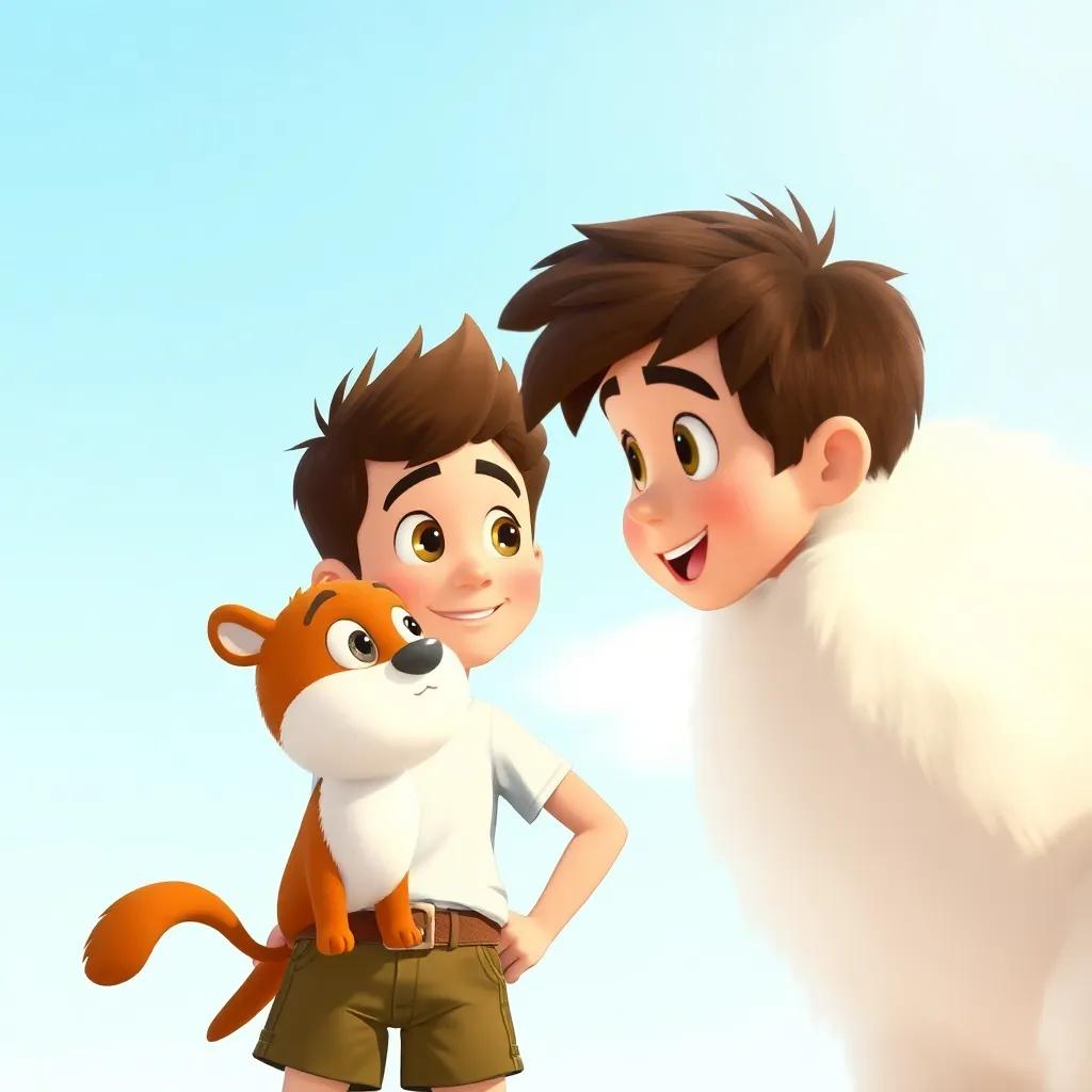 Pedro, a brave boy with short brown hair wearing a t-shirt and shorts, talking to Fluffy, with a hopeful expression, clear blue sky behind them, illustration, friendly, engaging, high quality
