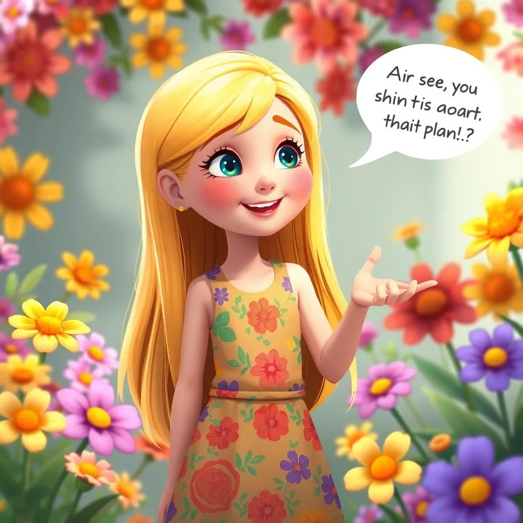 Ana, a creative girl with long blonde hair wearing a colorful dress, suggesting a plan with excitement, surrounded by colorful flowers, cheerful atmosphere, child-friendly art, high quality