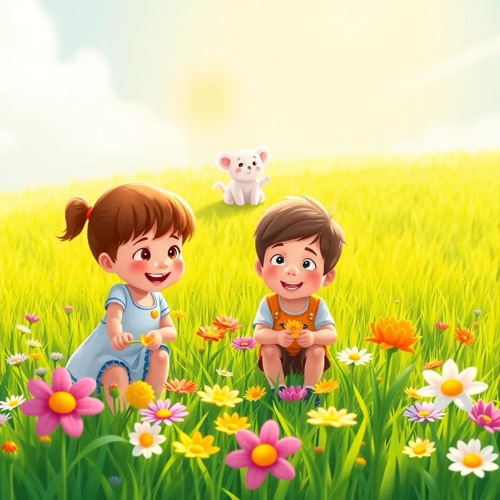 The children picking colorful flowers in a bright green field under the sun, with Fluffy watching happily from above, illustration, lively, warm light, high quality