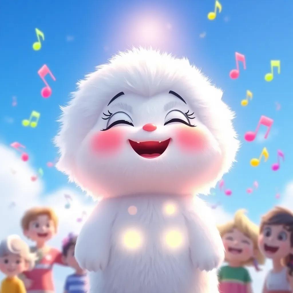 Fluffy smiling and glowing as she hears the joyful song from the children, colorful notes floating in the air around her, clear blue sky, joyful scene, high quality