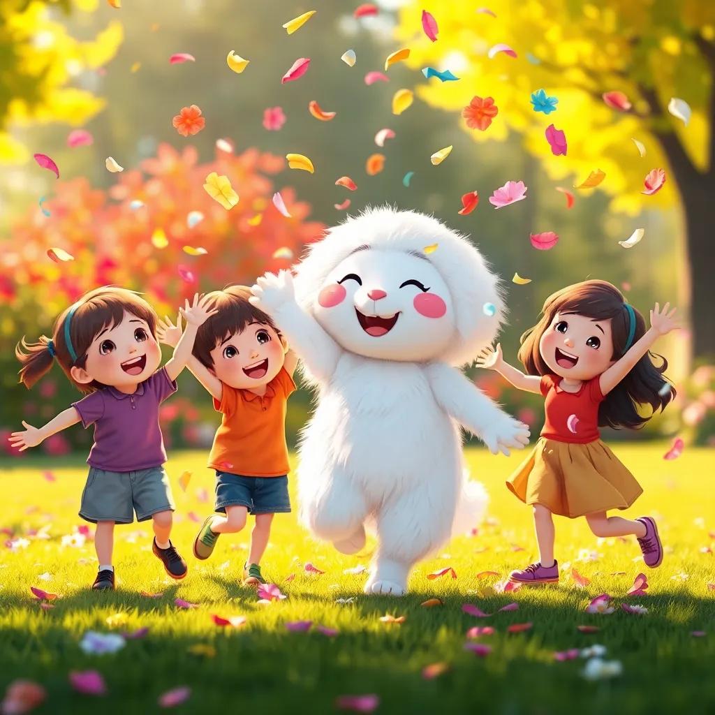 The children dancing joyfully as Fluffy releases colorful flower petals into the air, bright and joyous texture, outdoor scene, illustration, warm sunlight, high quality