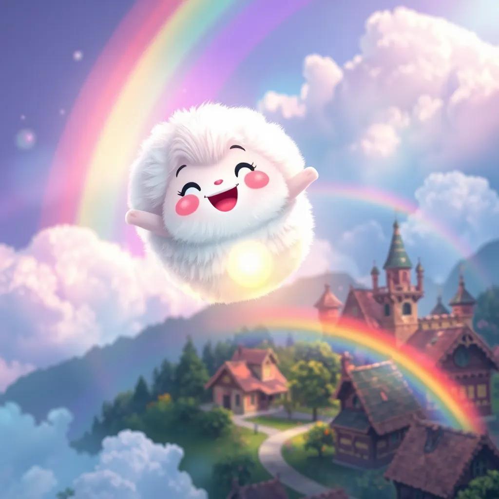 Fluffy, now happy and colorful, floating above the village, glowing with joy, with rainbows and colorful clouds around, fantasy art style, high quality