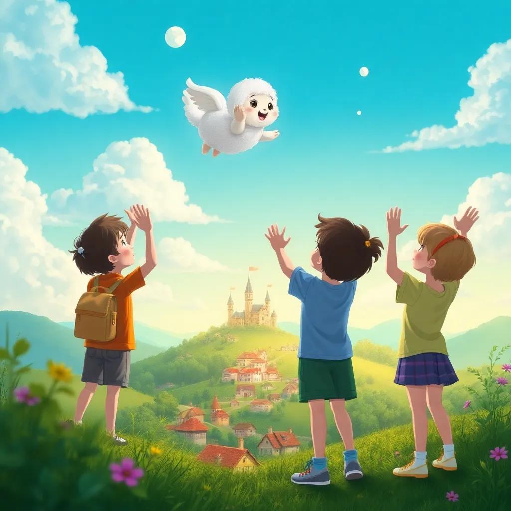The children waving goodbye to Fluffy, as she happily drifts back home, with the village below them, bright and cheerful, magical atmosphere, high quality