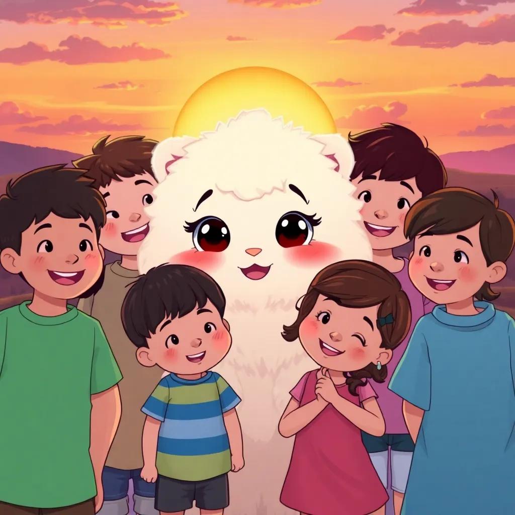 Fluffy surrounded by her friends, the children, with a beautiful sunset in the background, everyone smiling and looking vibrant, illustration, heartwarming scene, high quality